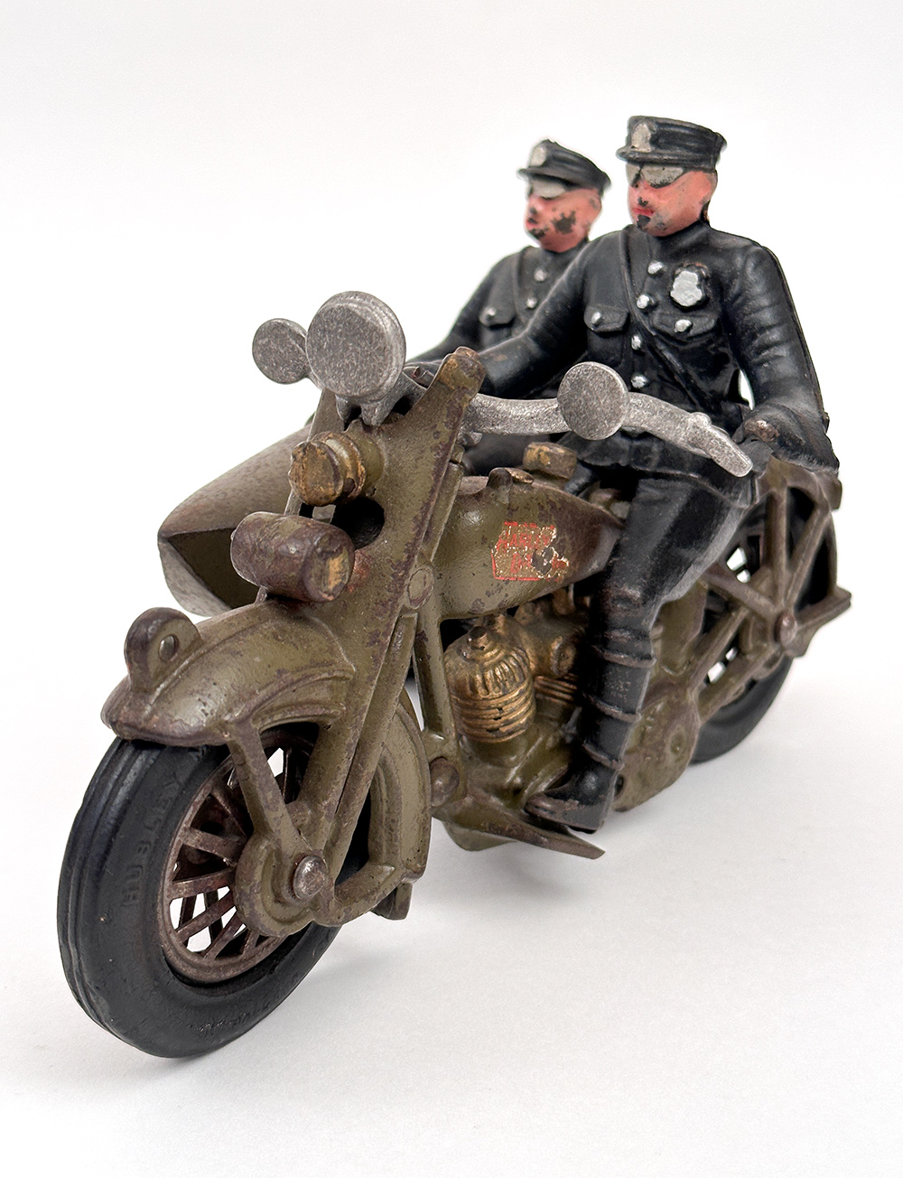 harley davidson antique cast iron hubley toy motorcycle with cop drivers and rider sidecar