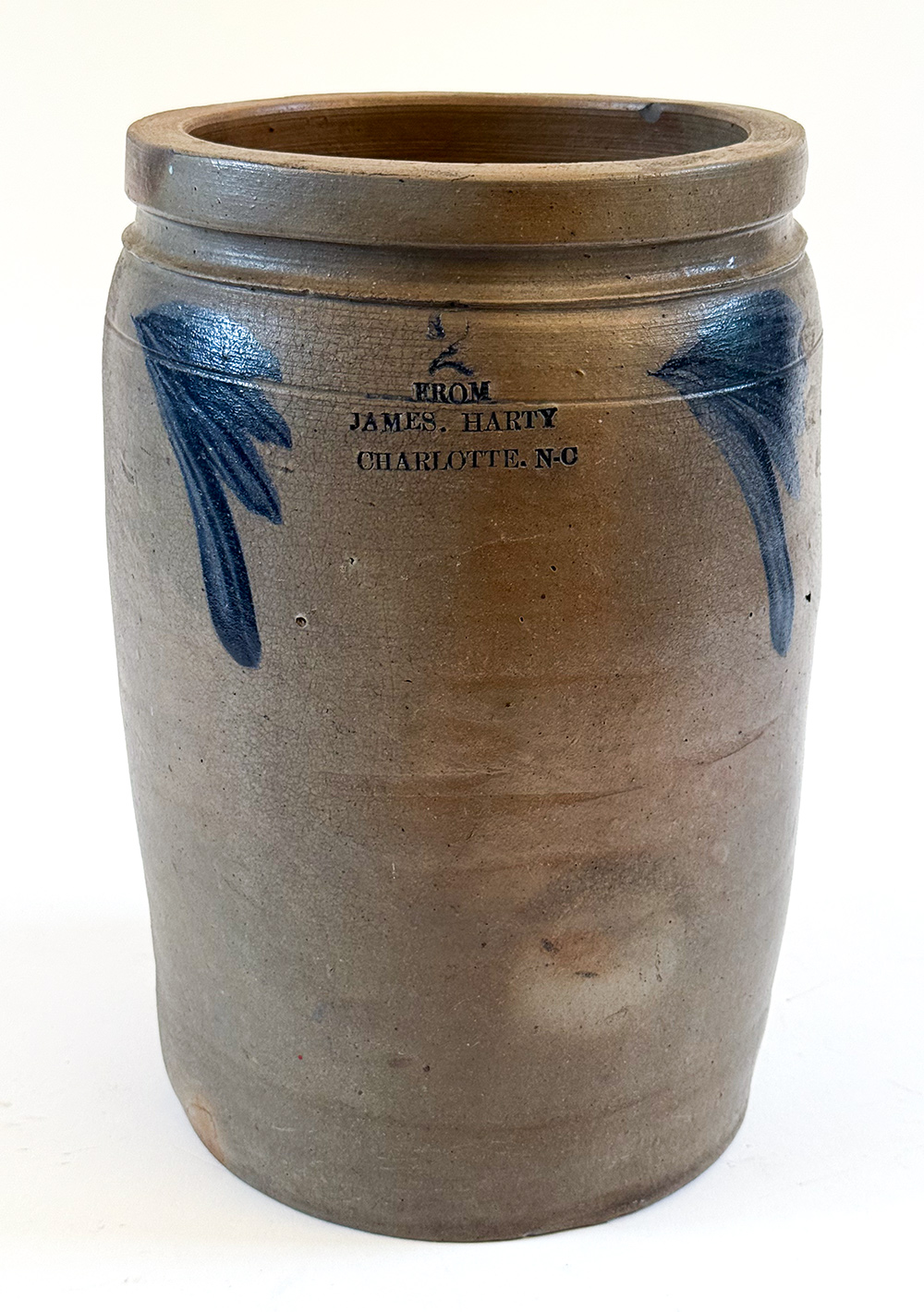 from james harty charlotte nc cobalt decorated salt glazed stoneware merchant jar made in baltimore md