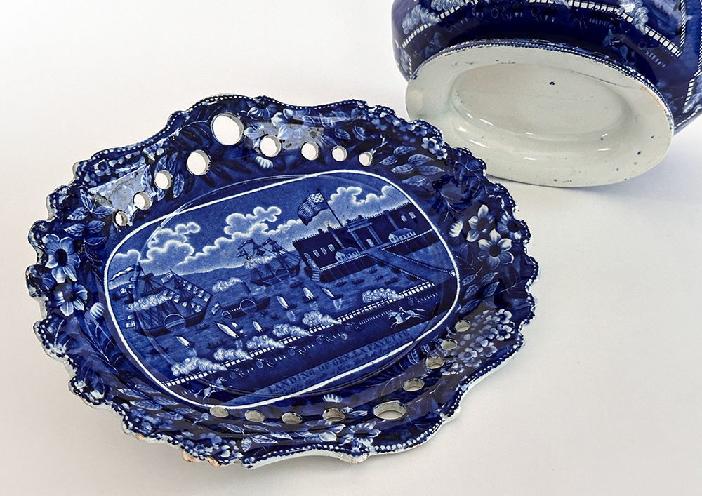 historical staffordshire dark blue tureen and underplate clews landing of lafayette