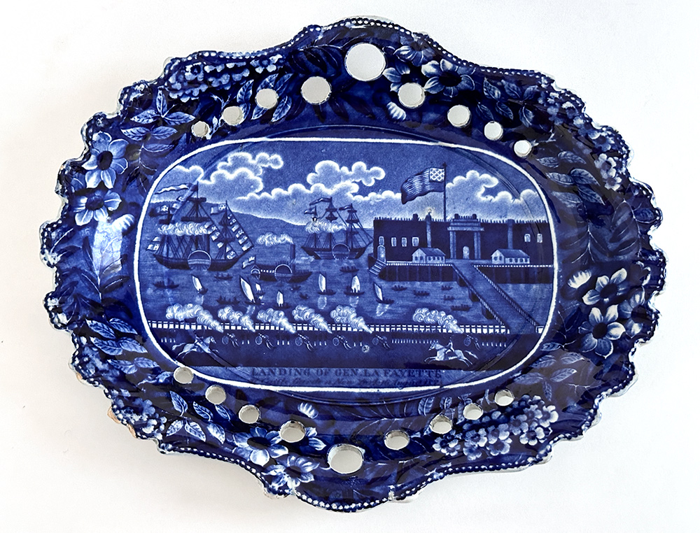 historical staffordshire dark blue tureen and underplate clews landing of lafayette