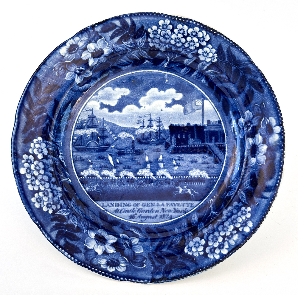 historical staffordshire dark blue bread plate clews landing of lafayette