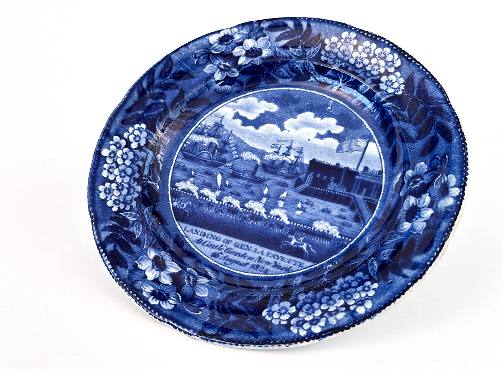 historical staffordshire dark blue bread plate clews landing of lafayette