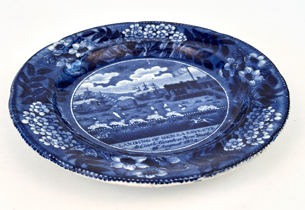 historical staffordshire dark blue bread plate clews landing of lafayette