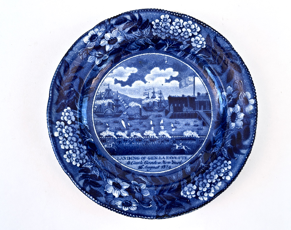 historical staffordshire dark blue bread plate clews landing of lafayette