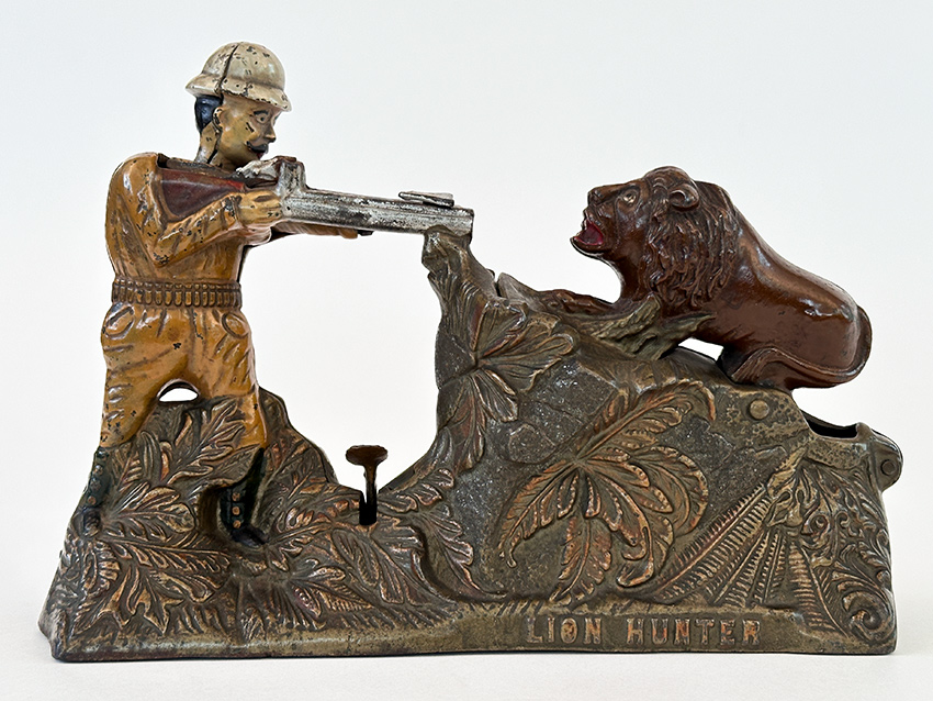 rare lion hunter cast iron mechanical bank