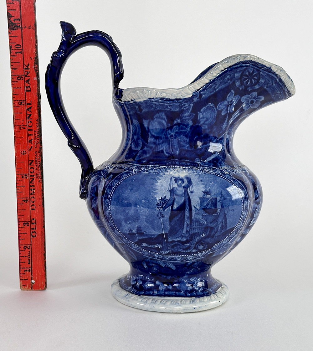 dark blue historical staffordshire thomas mayer arms of maryland pitcher