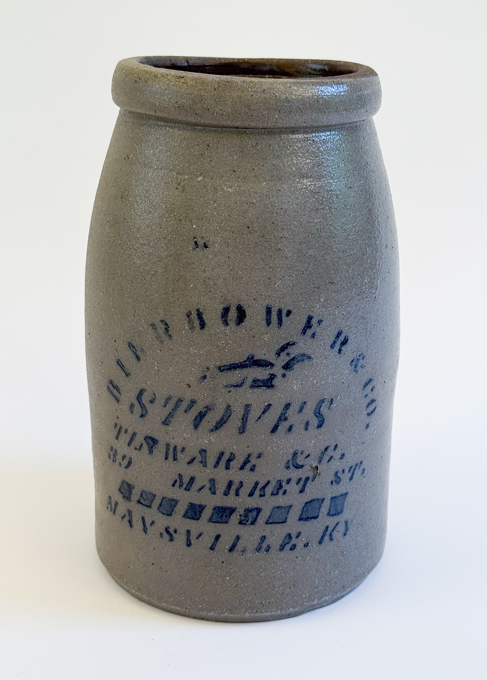 bierbower and company maysville kentucky blue decorated salt glaze stoneware wax sealer merchant jar