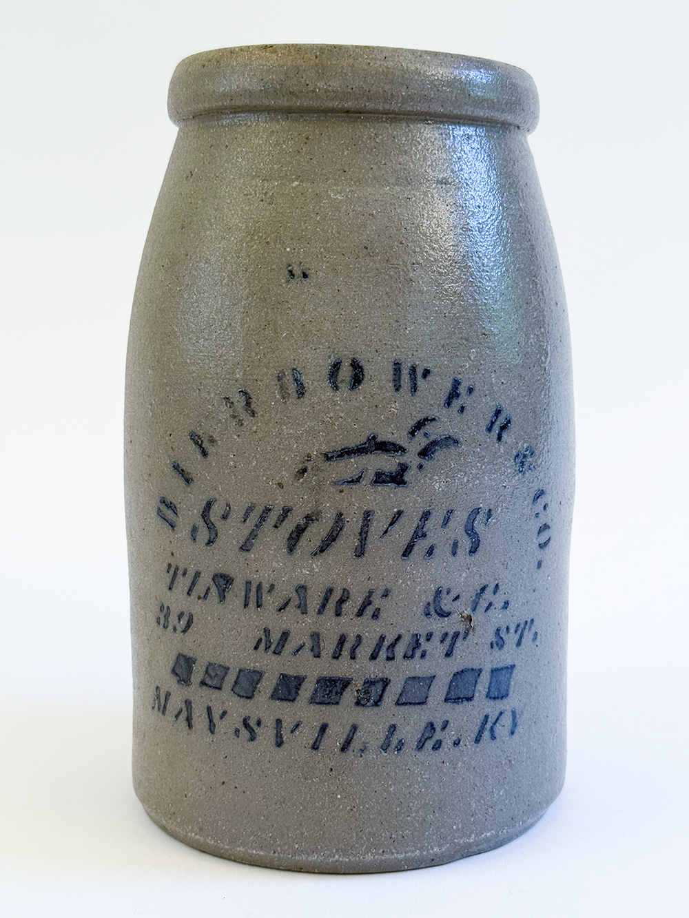 bierbower and company maysville kentucky blue decorated salt glaze stoneware wax sealer merchant jar