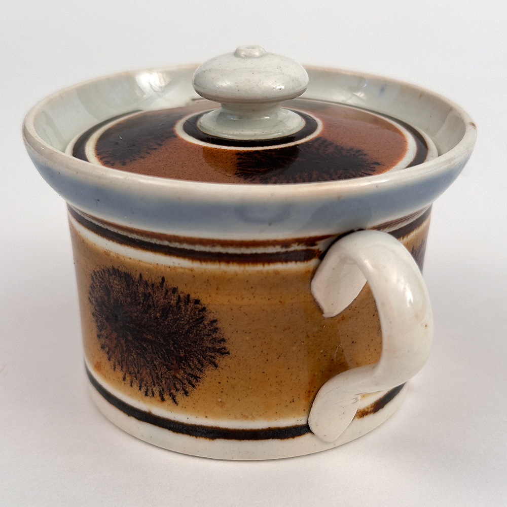 english mochaware lidded mustard jar made for the american market