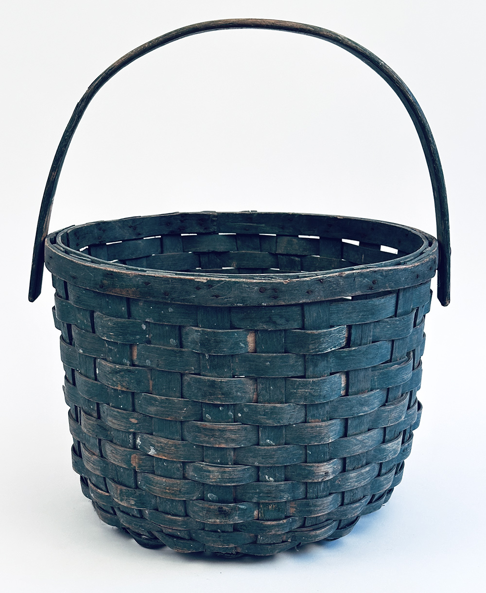 original blue painted swing handled farm basket