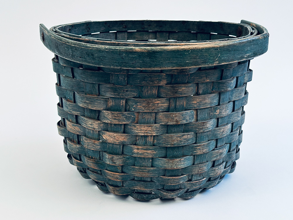 original blue painted swing handled farm basket