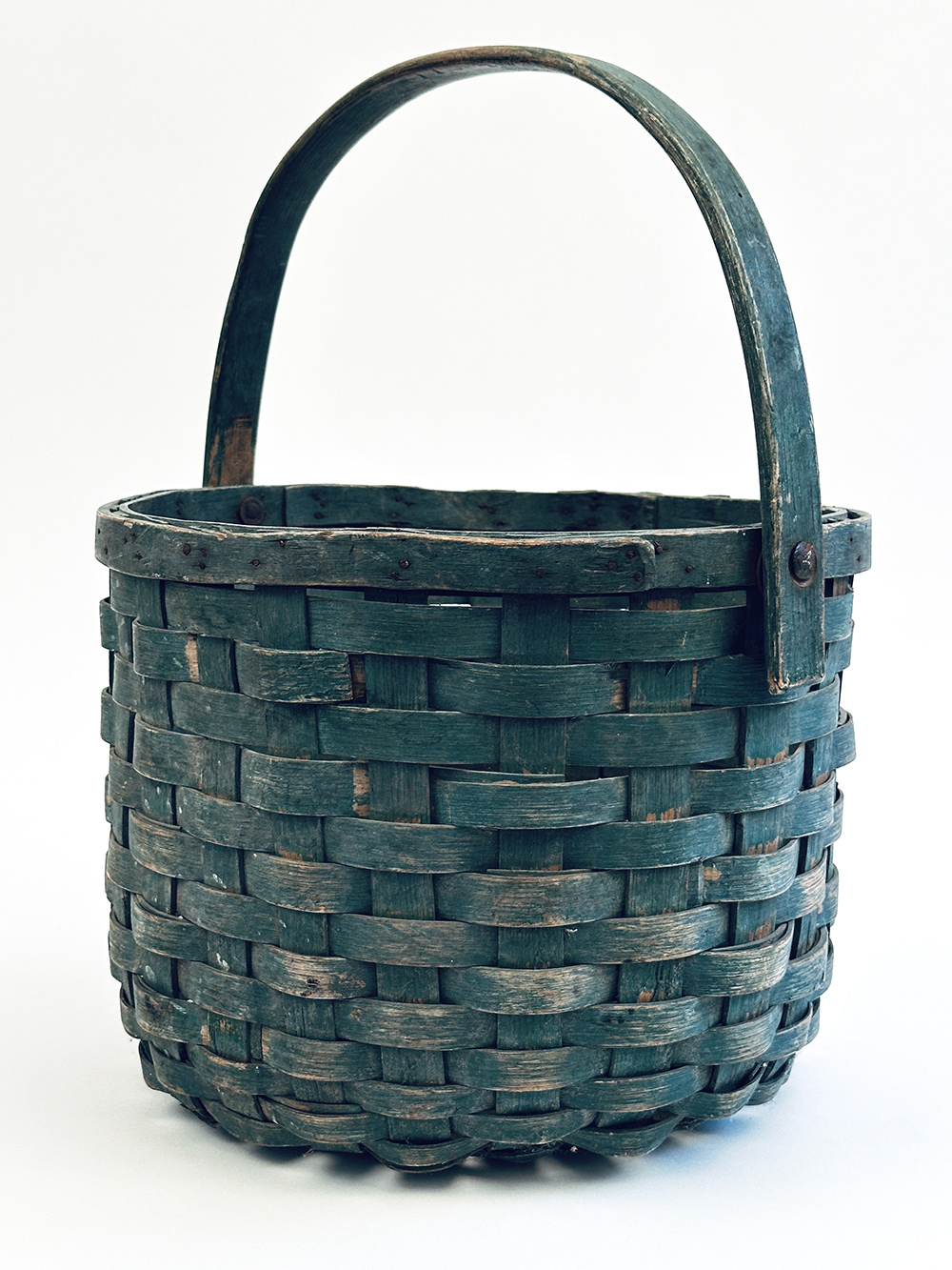original blue painted swing handled farm basket