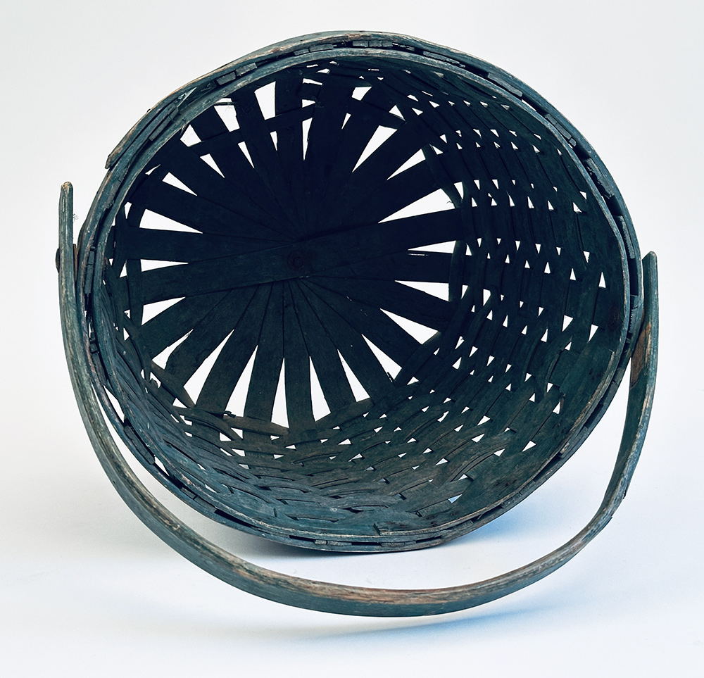 original blue painted swing handled farm basket