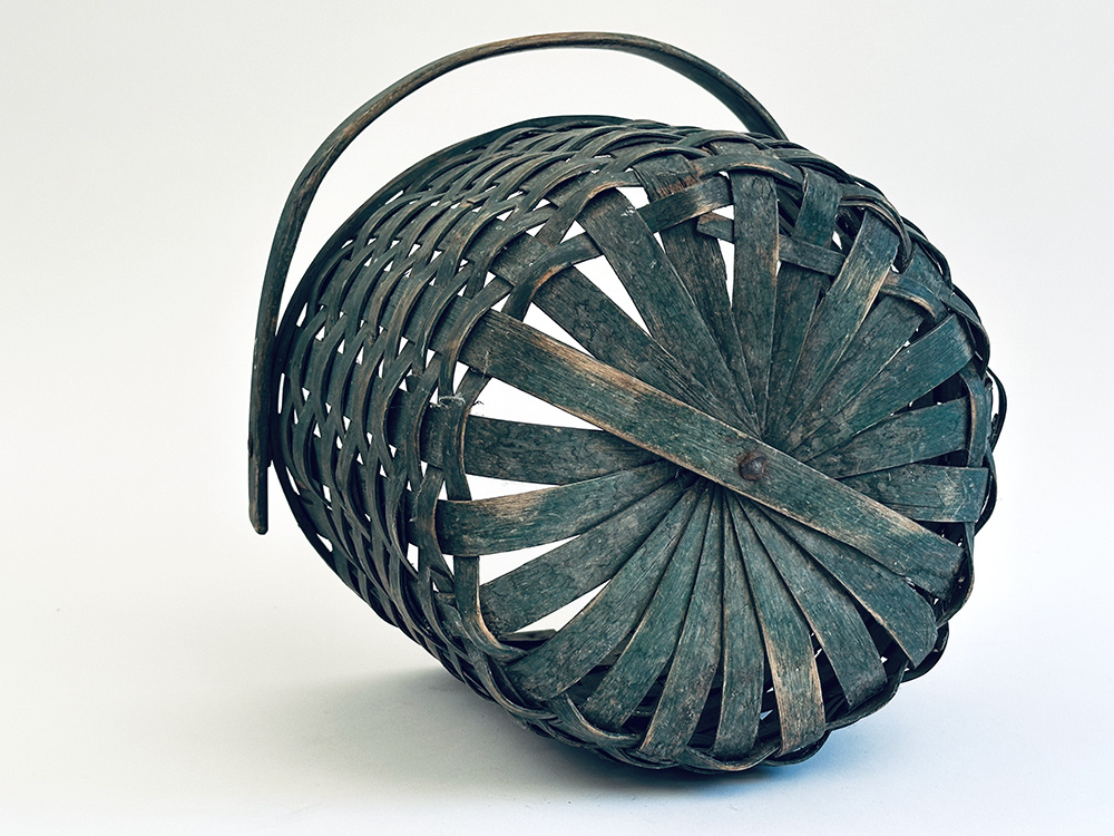 original blue painted swing handled farm basket