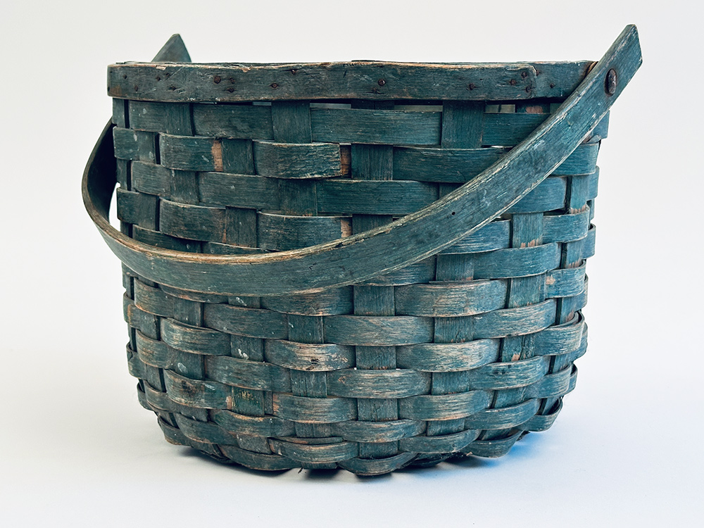 original blue painted swing handled farm basket