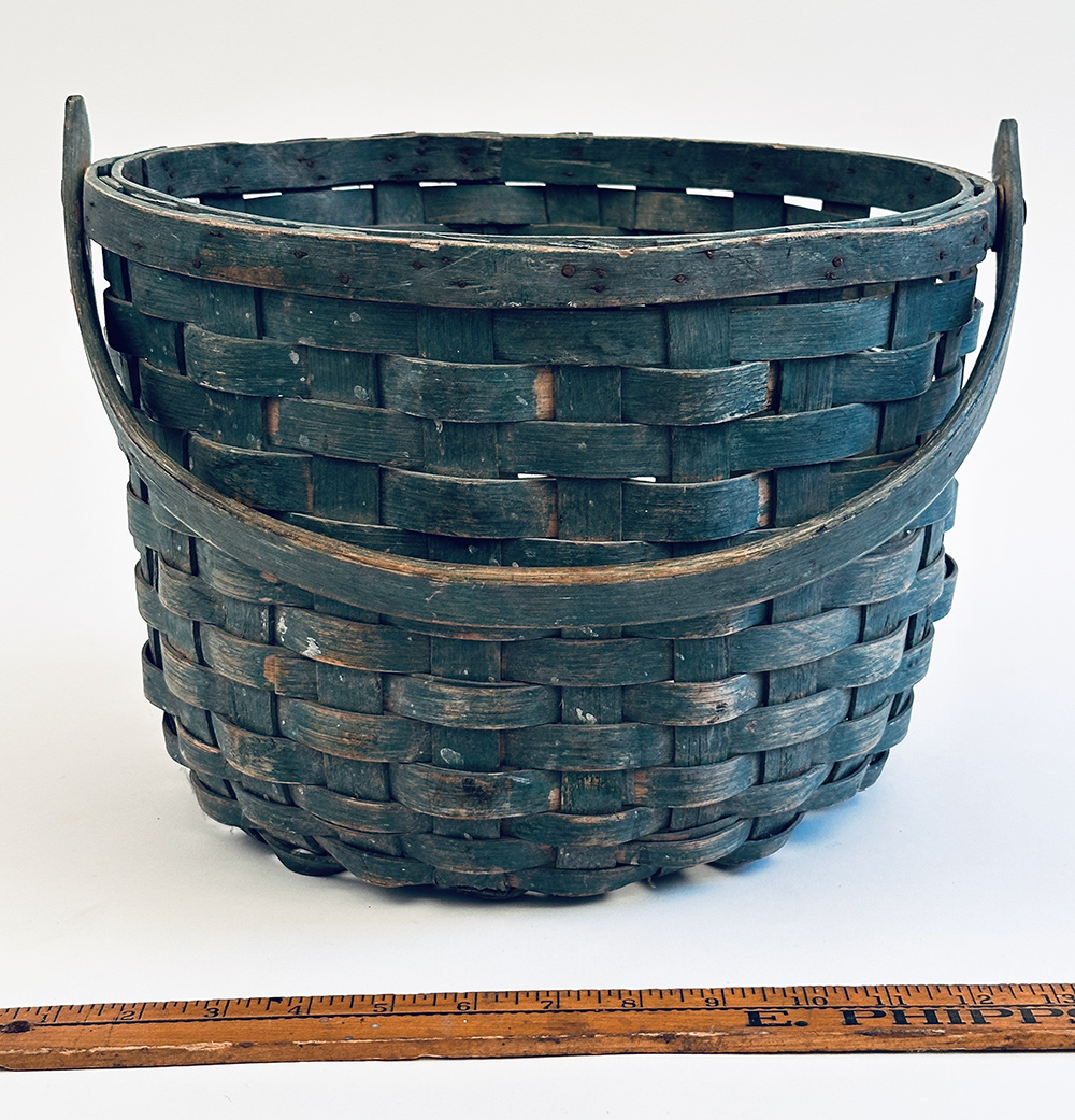 original blue painted swing handled farm basket