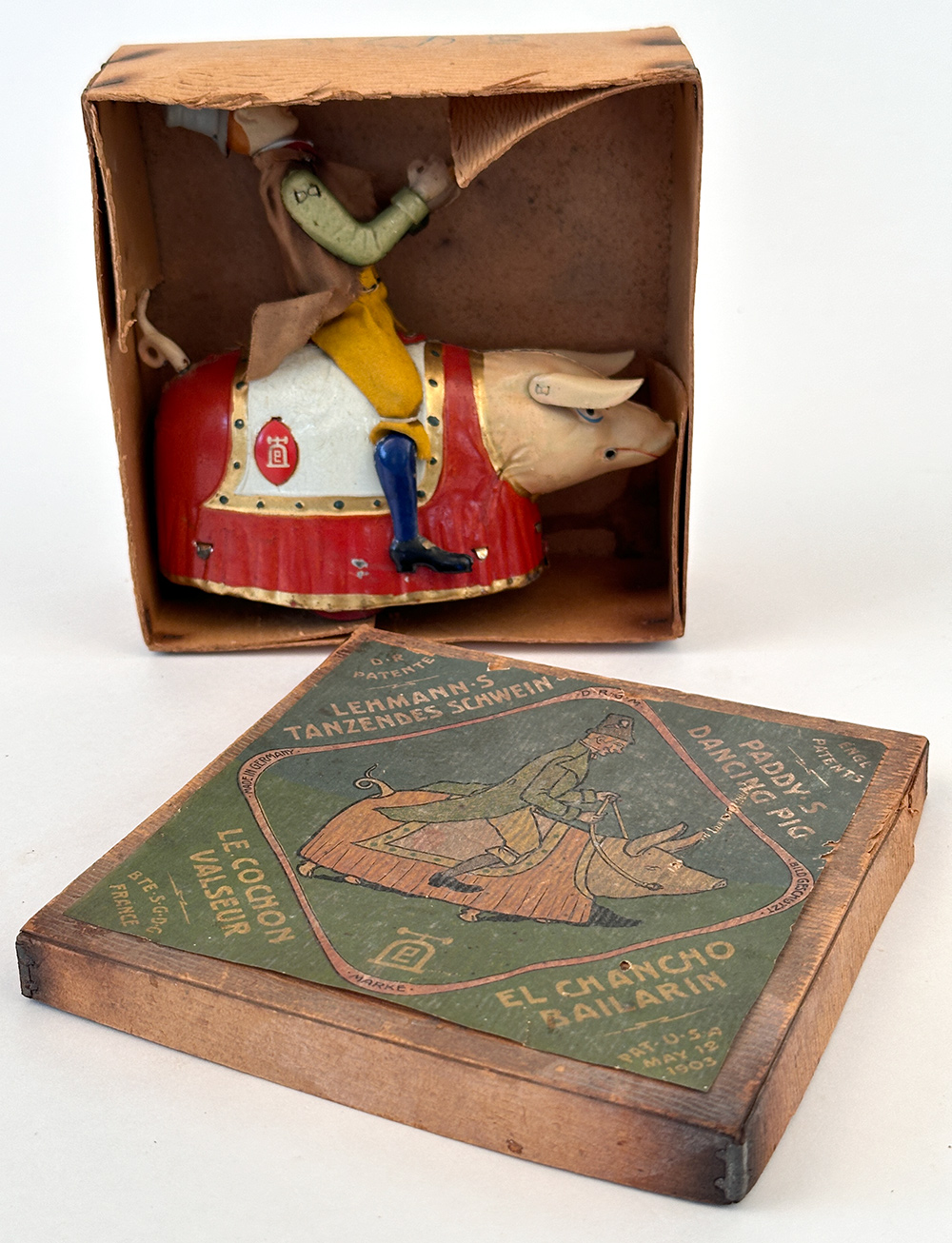 Paddy and the Dancing Pig antique tin german windup toy in original box for sale