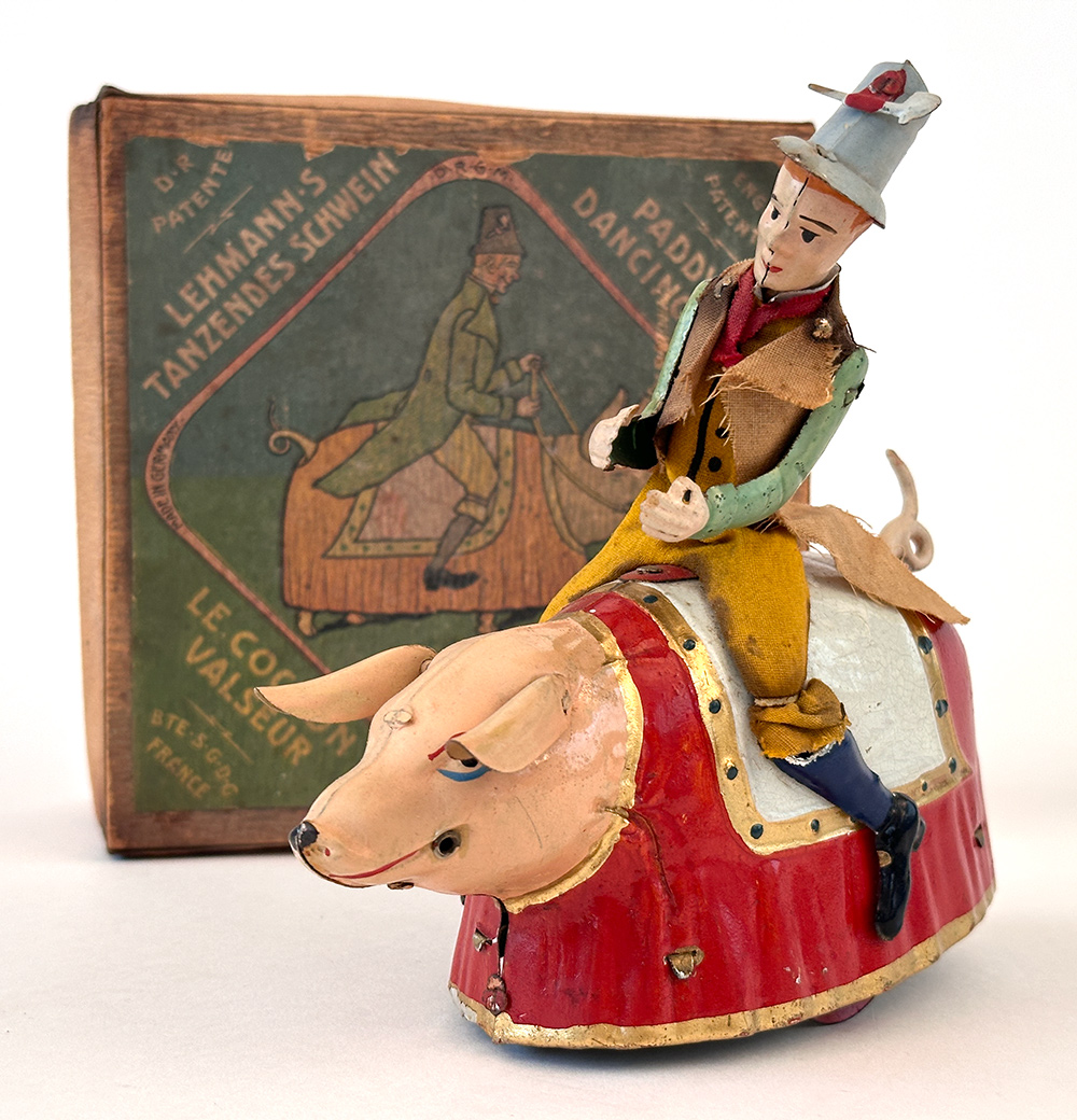 Paddy and the Dancing Pig antique tin german windup toy in original box for sale