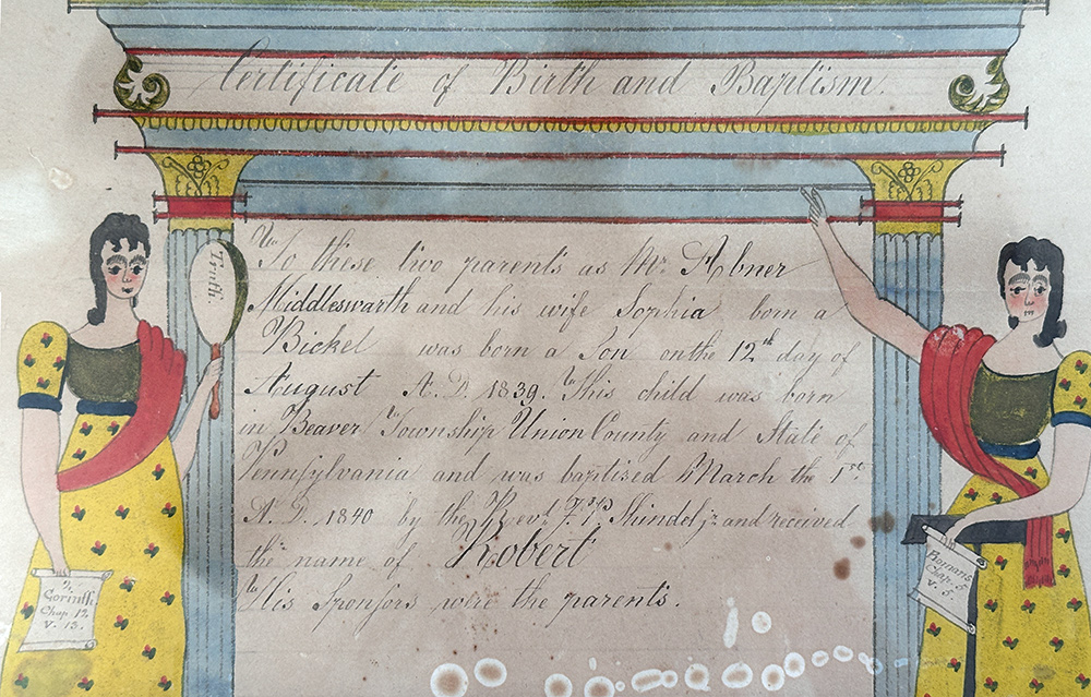 reverend henry young the ladies with anchor artist union county pennsylvania birth and baptism record fraktur drawing