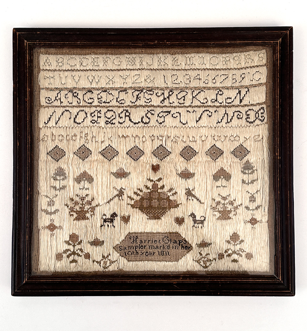antique pictorial needlework sampler harriet clapp 1811 northampton massachusetts