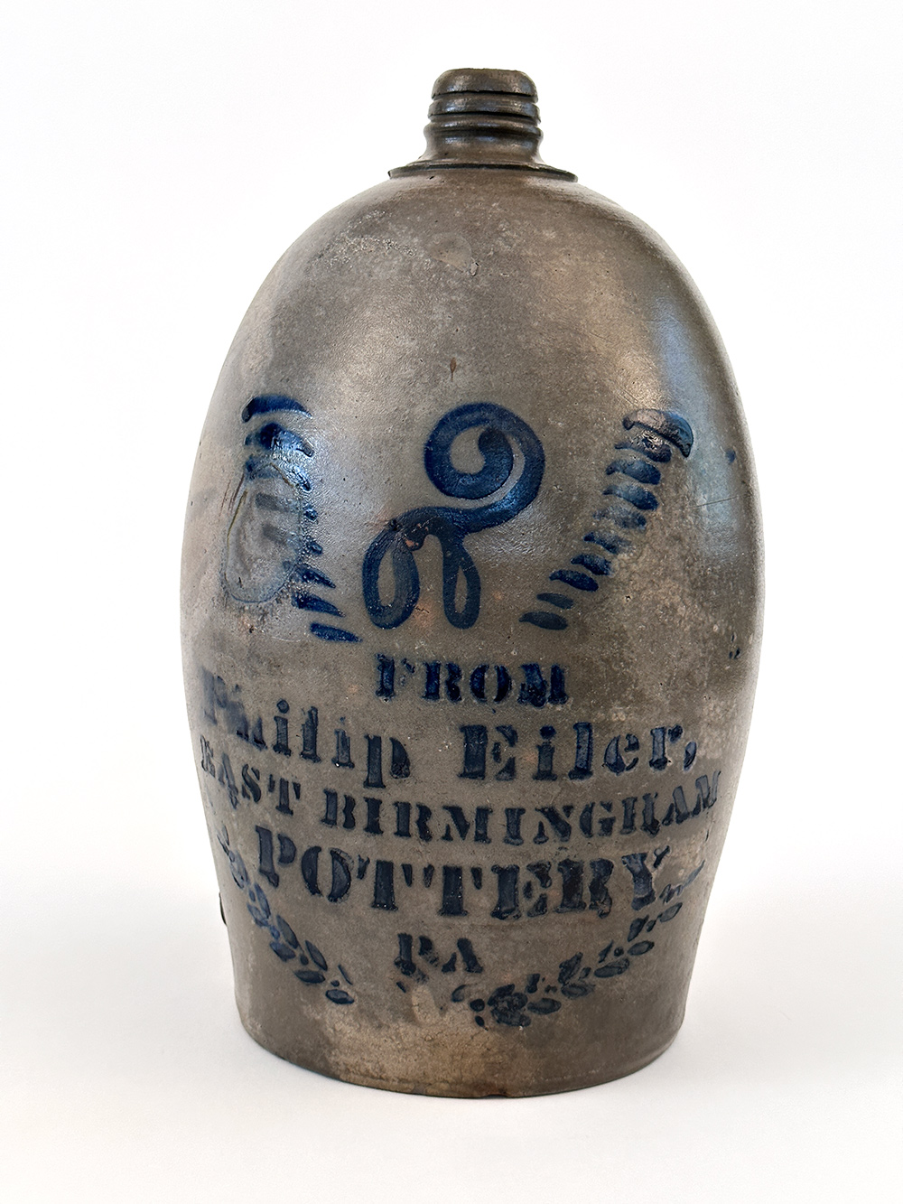 Rare antique blue decorated philip eiler stoneware jug from pennsylvania