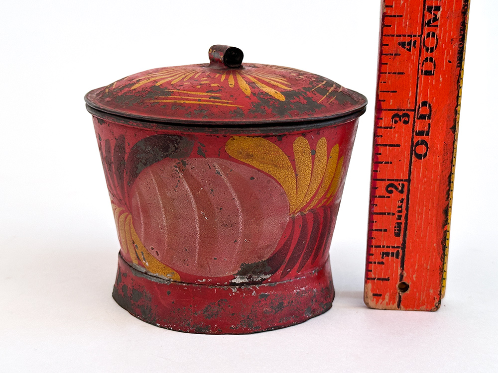 pennsylvania filley shop painted tinware lidded sugar bowl with red ground