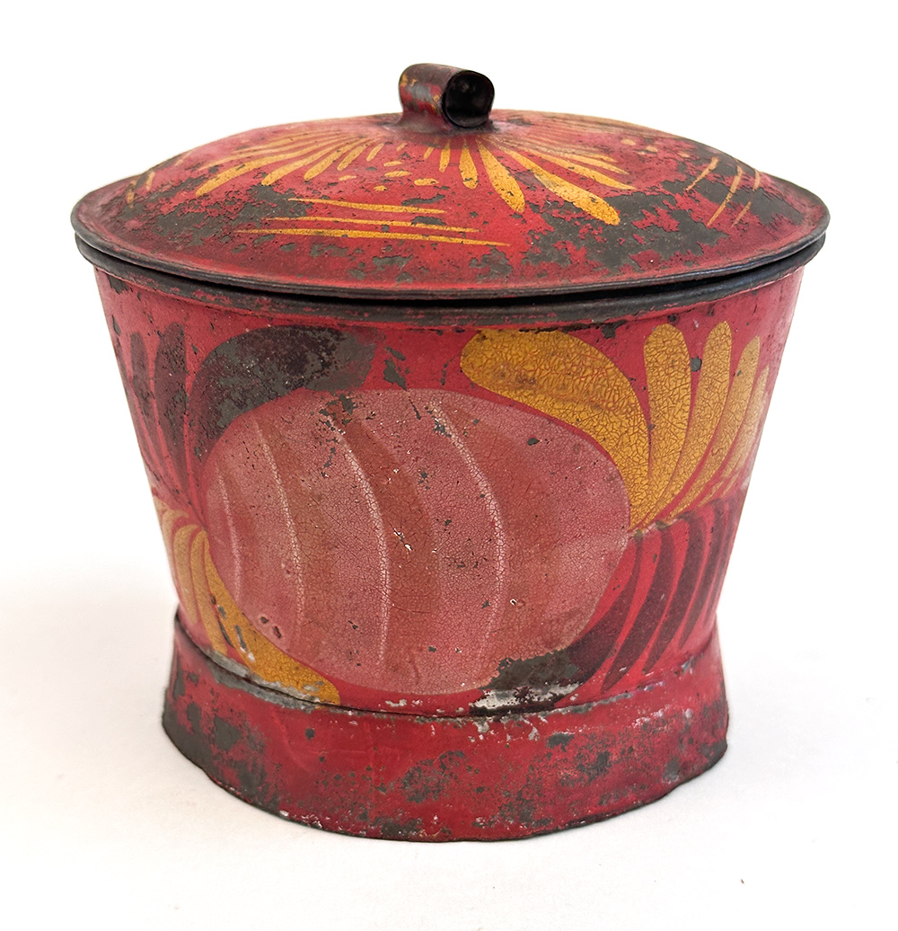 pennsylvania filley shop painted tinware lidded sugar bowl with red ground