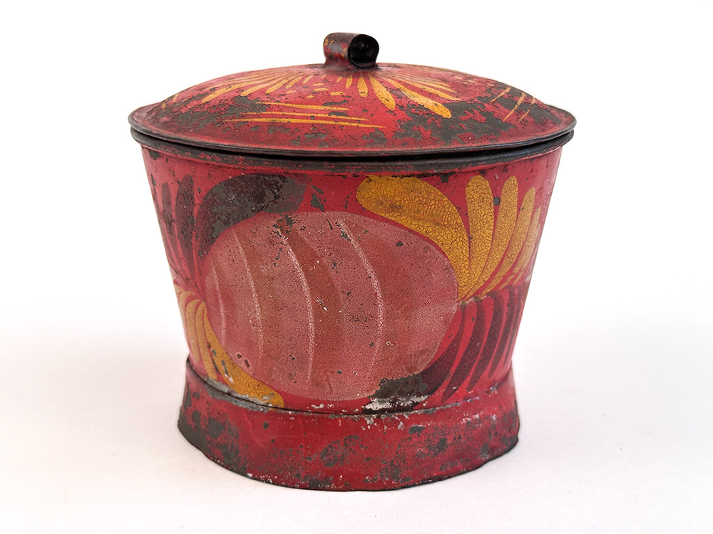 pennsylvania filley shop painted tinware lidded sugar bowl with red ground