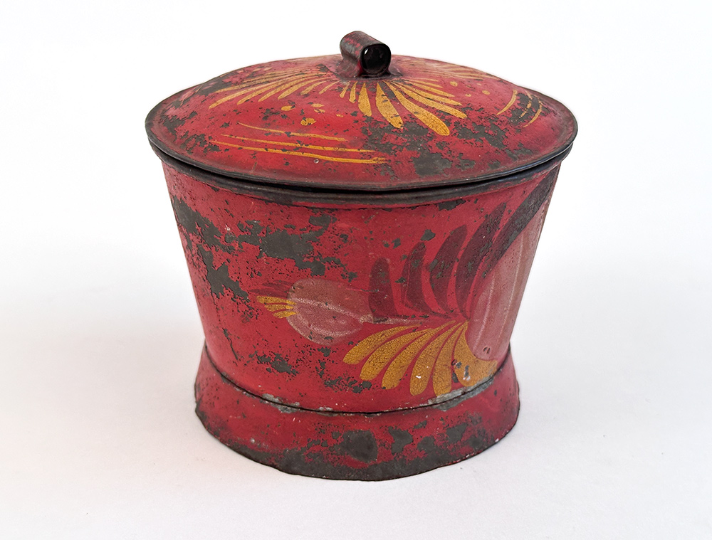 pennsylvania filley shop painted tinware lidded sugar bowl with red ground