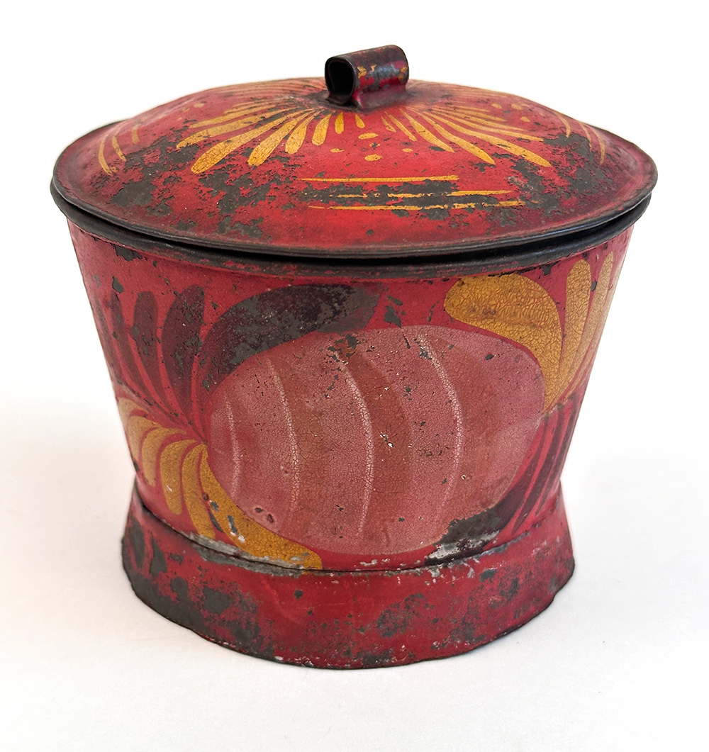 pennsylvania filley shop painted tinware lidded sugar bowl with red ground