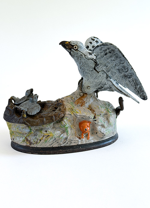 1880s cast iron mechanical bank eagle and eaglets by stevens co, cromwell, connecticut