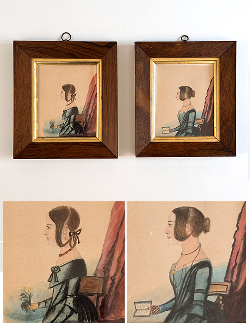 walnut and gold framed 19th century pair watercolor portraits of sisters in blue dresses