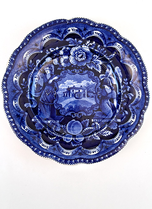 America and Independence states salad plate dark blue historical staffordshire transferware