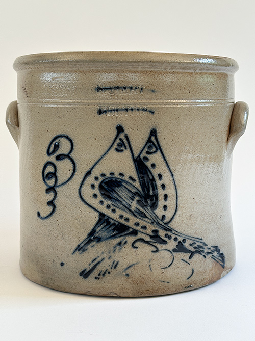 blue decorated double bird crock by new york hart stoneware