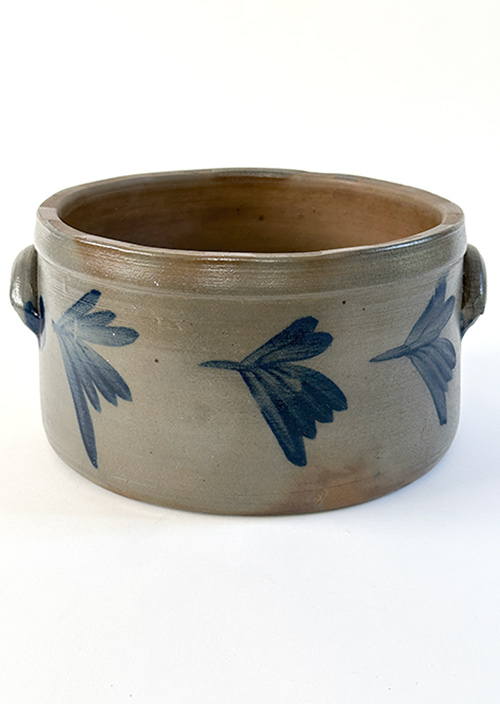 1870s antique blue dcorated stoneware cake crock attributed to grier out of oxford pennsylvania