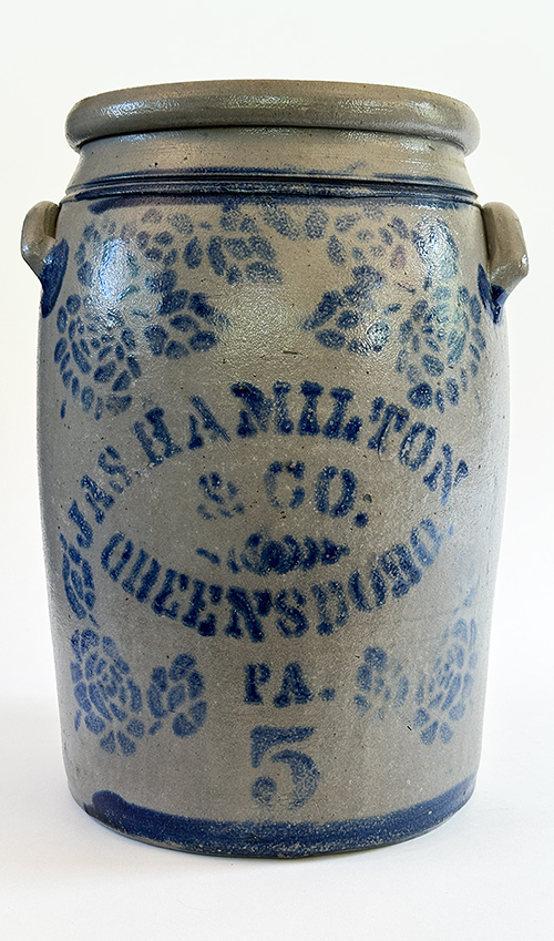 blue decorated 5 gallon stoneware crock by hamilton from greensboro pa with rose stencils and blue stripes