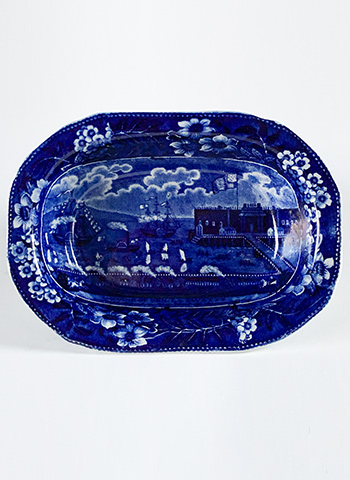 historical staffordshire dark blue  vegetable dish clews landing of lafayette