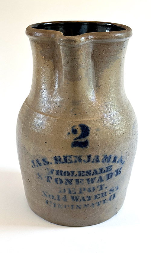jas benjamin stoneware depot pitcher from 1880s cincinnati ohio antique blue decorated crock