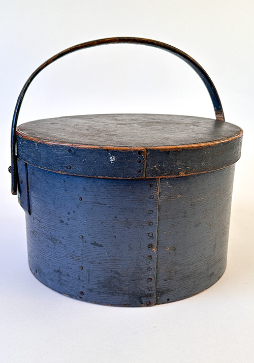 original blue paint country antique wooden swing handled round lidded pantry box