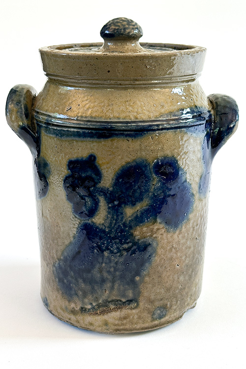 blue decorated diminutive lidded stoneware jar with lug handles and blue cobalt decoration mid-atlantic ceramics
