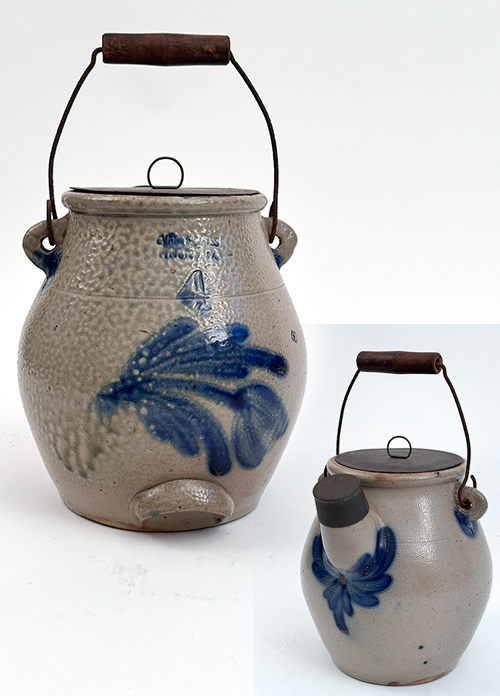 Evan R. Jones blue decorated stoneware batter jug
