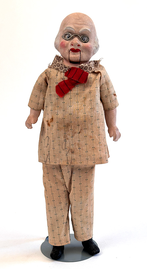 Early 20th century Foxy Grandpa comic character antique squeeze toy with paper mache molded and hand painted head