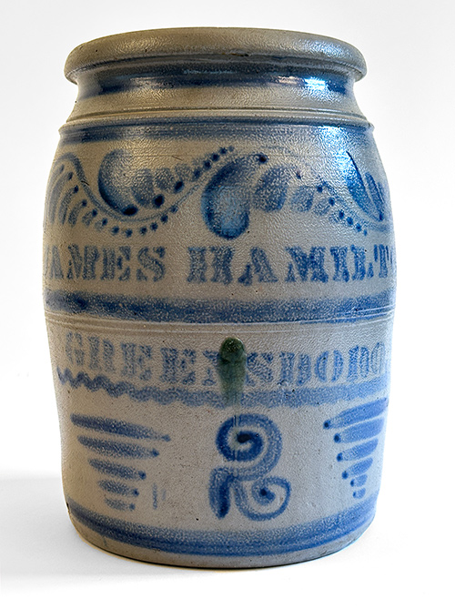 1870s freehand decorated rich blue james hamilton greensboro pa stoneware crock