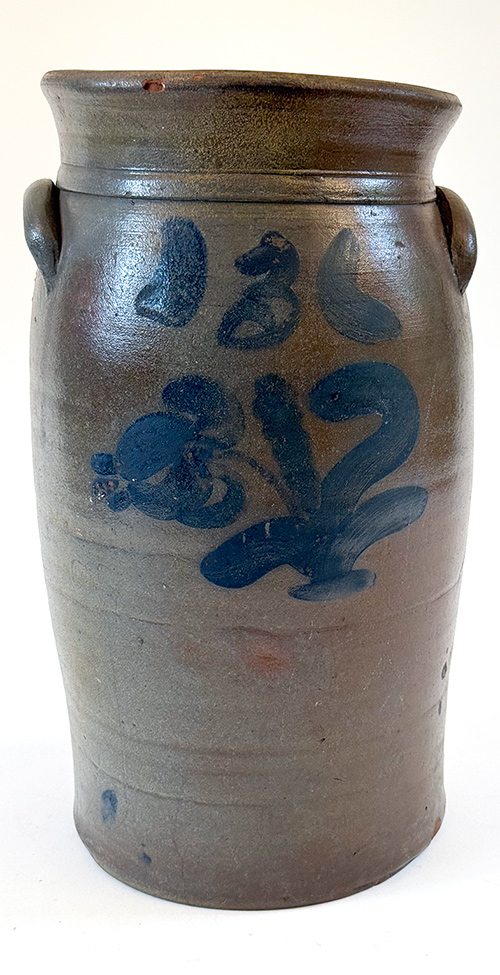 1870-1890 jane lew west virginia 3 gallon blue decorated stoneware butter churn