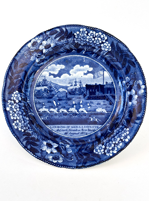 1824 Landing of General Lafayette dark blue historical transferware plate