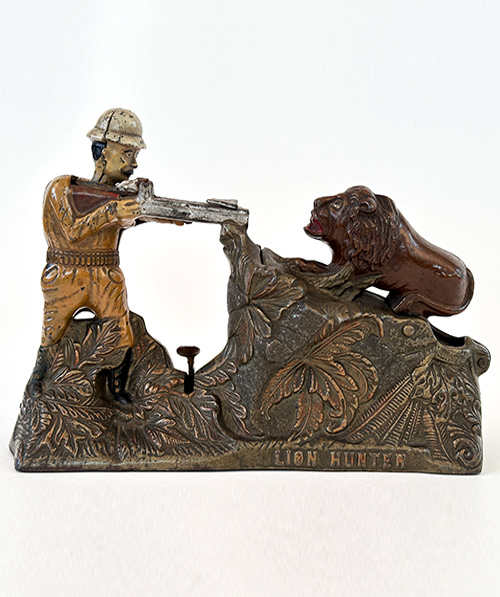 lion hunter cast iron mechanical bank for sale