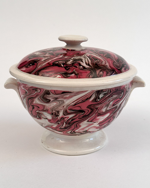 antique french mochaware swirl lidded bowl