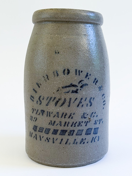 maysville kentucky antique blue decorated stoneware crock advertising stoves tinware bierbower company 1870