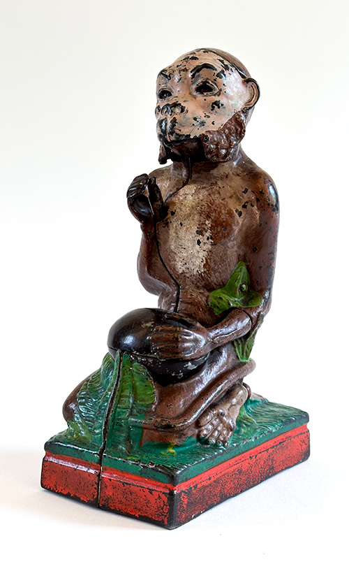 1891 original antique cast iron monkey and coconut j.w. stevens cromwell connecticut mechanical bank
