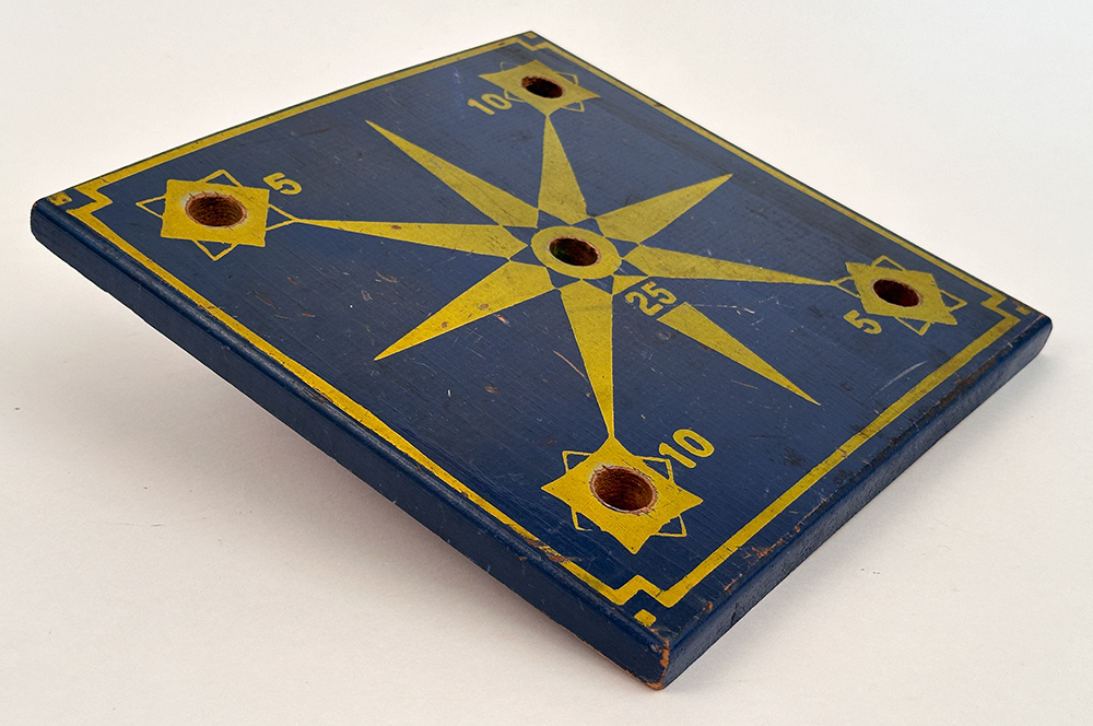 antique blue yellow paint decorated ring toss gameboard